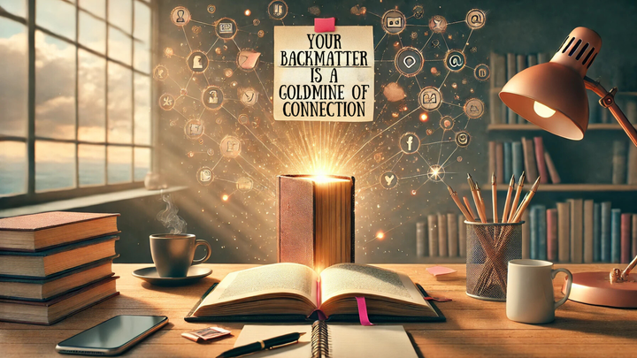 Open book on a desk with a note reading 'Your Backmatter: A Goldmine of Connection,' symbolizing author marketing strategies.