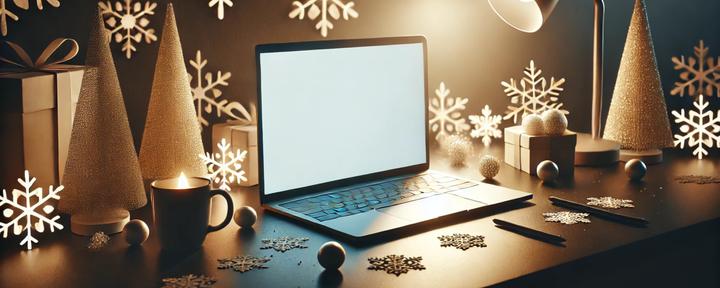 Glowing laptop on a desk with snowflakes