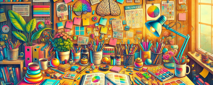 Colorful creative workspace with sticky notes.