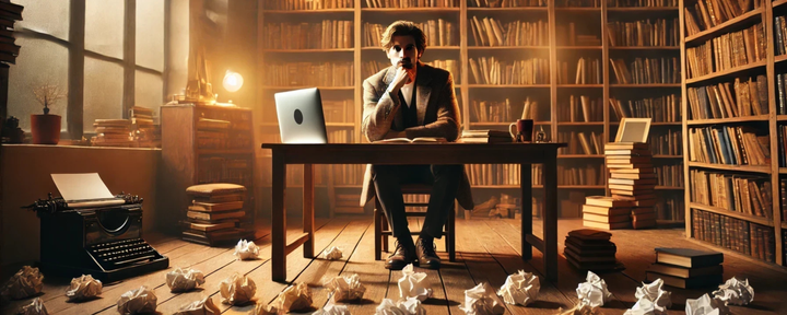 Writer at desk with laptop, mug, and crumpled papers