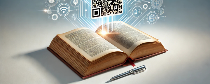 Open book with QR code and digital icons